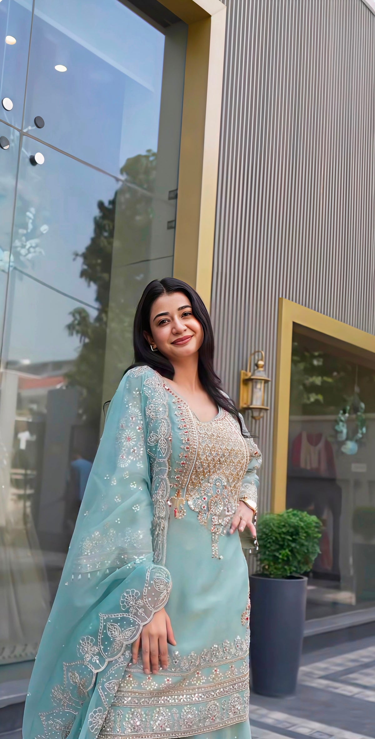 Wedding Wear Sky Blue Color Georgette Embroidery Sequence Work Sharara Suit
