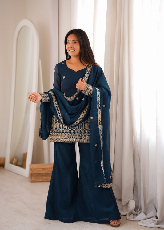 Arti Chauhan Wear Teal Color Crunchy Silk Luxury Embroidered Kurta With Bell-Bottom Pants