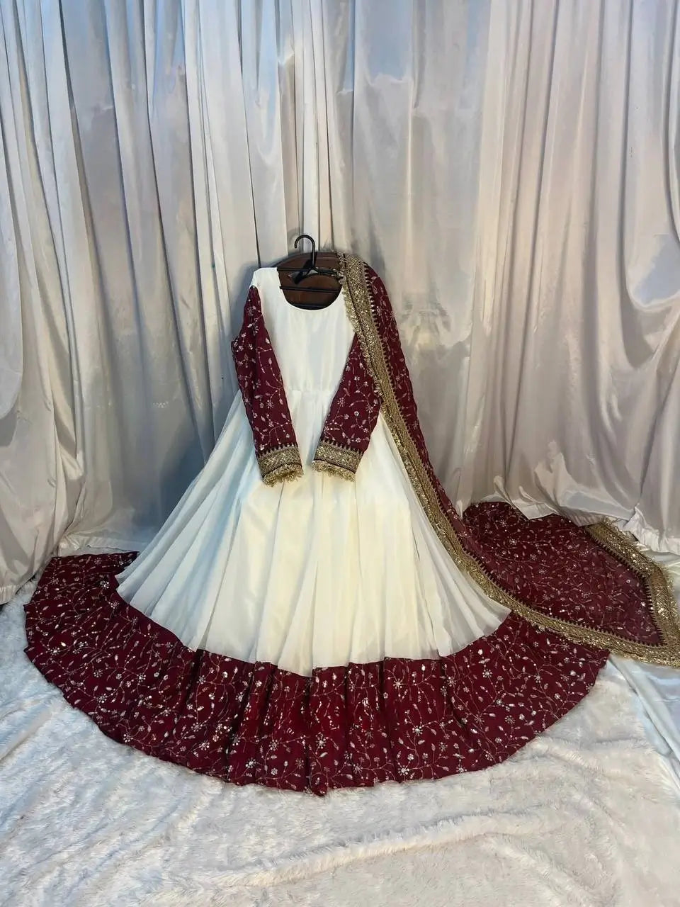 White & Maroon Embroidered Faux Georgette Maxi Anarkali Suit For Women | White Anarkali Suit For Women