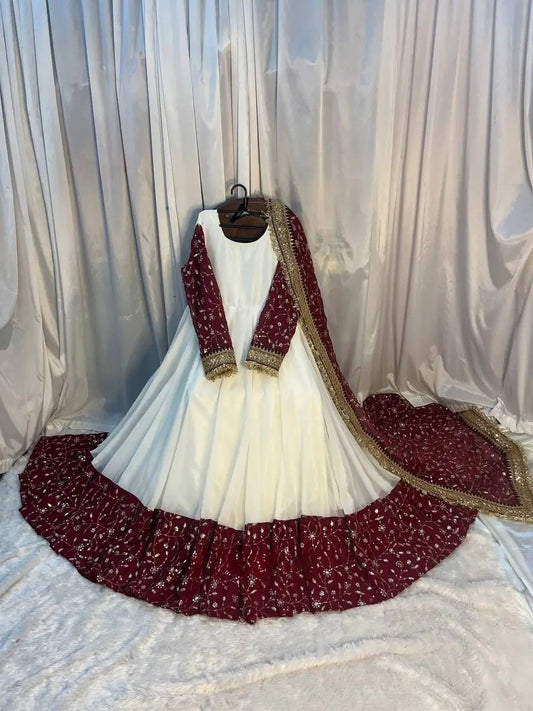 White & Maroon Embroidered Faux Georgette Maxi Anarkali Suit For Women | White Anarkali Suit For Women
