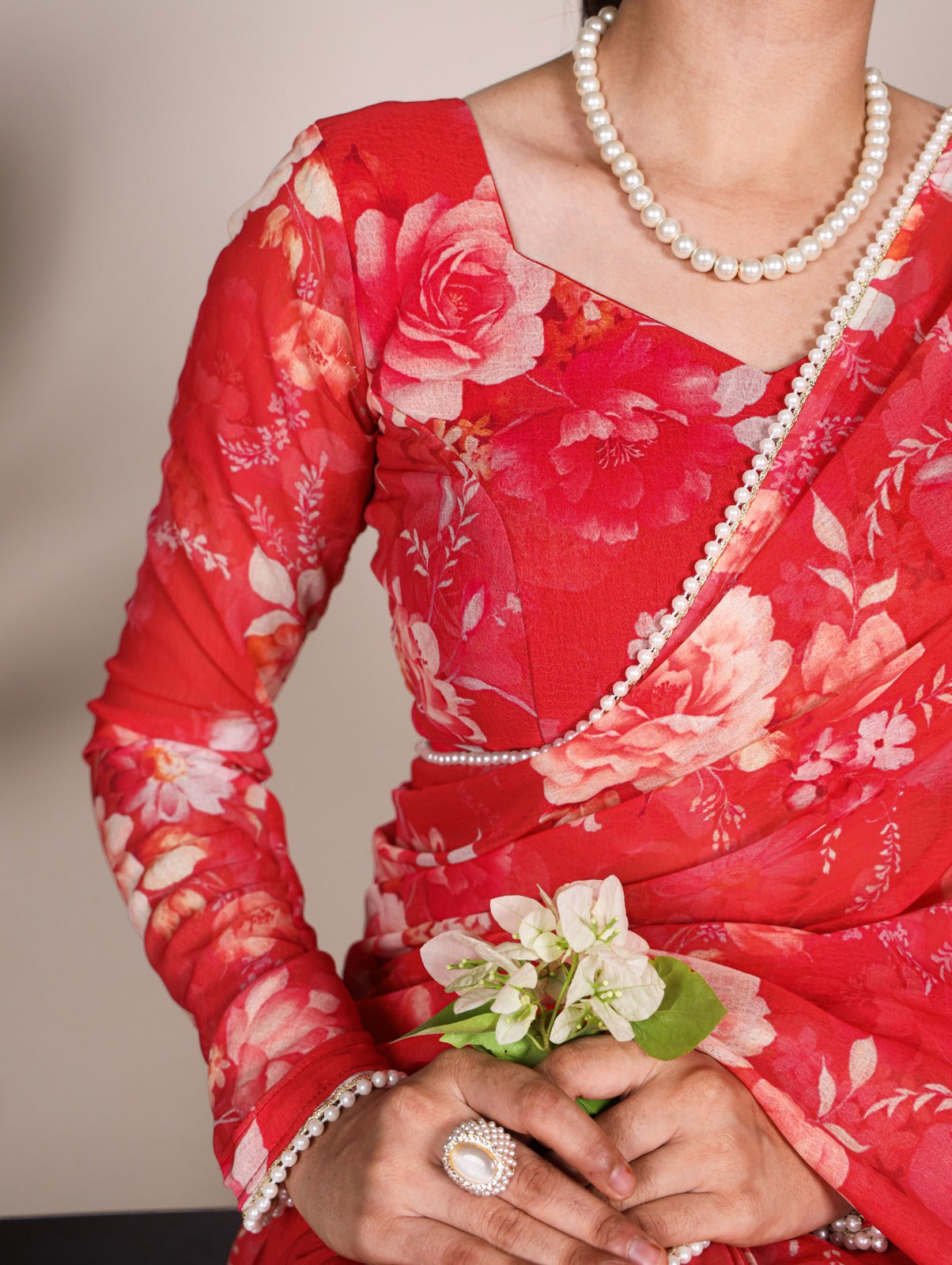 Radiant Georgette Floral Digital Printed Pearl Lace Worked Saree - Ethnicwish