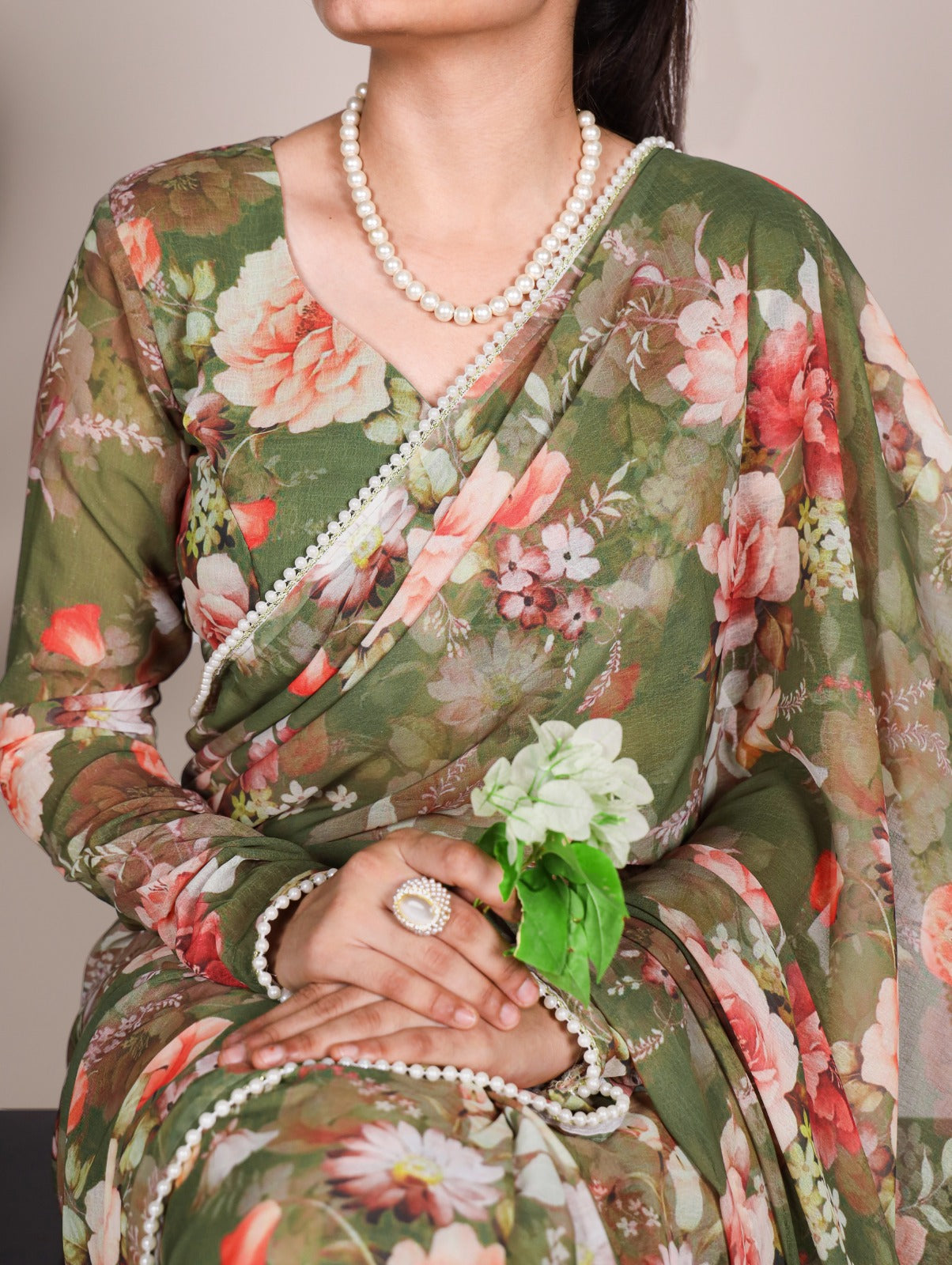 Radiant Georgette Floral Digital Printed Pearl Lace Worked Saree - Ethnicwish