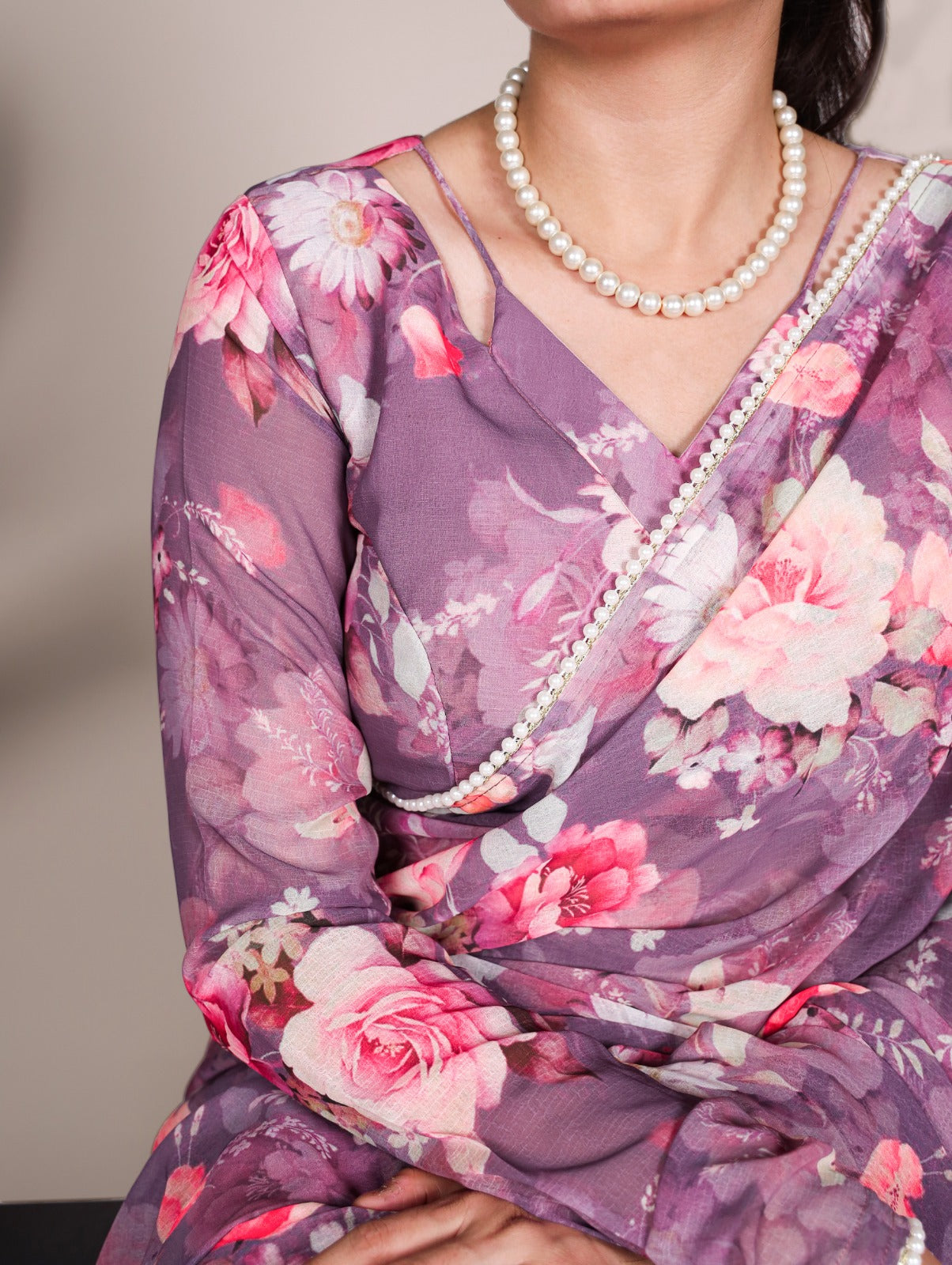 Radiant Georgette Floral Digital Printed Pearl Lace Worked Saree - Ethnicwish