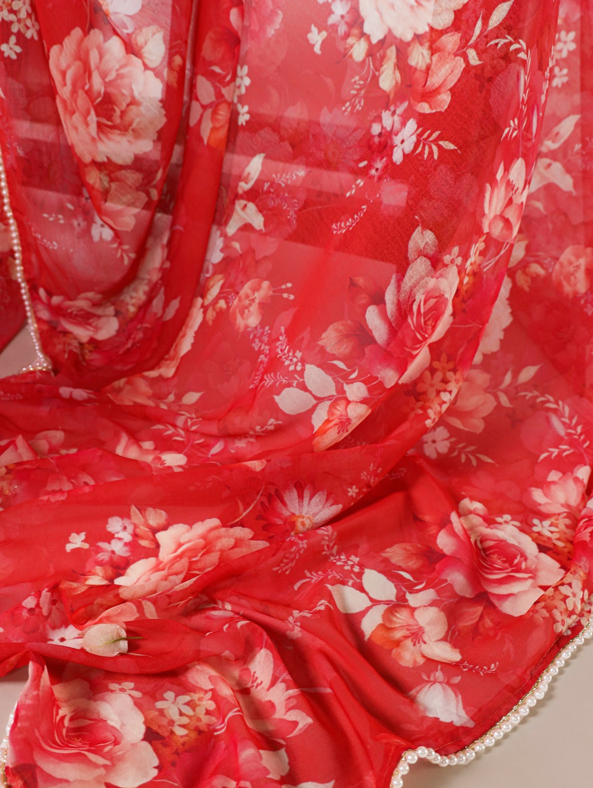 Radiant Georgette Floral Digital Printed Pearl Lace Worked Saree - Ethnicwish