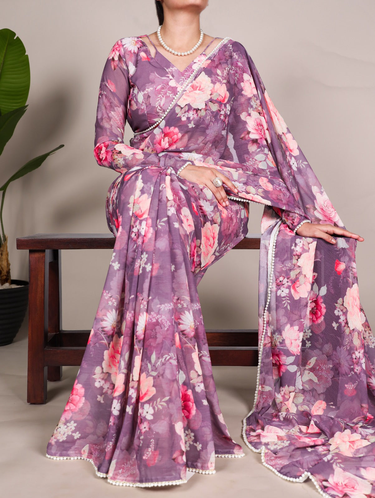 Radiant Georgette Floral Digital Printed Pearl Lace Worked Saree - Ethnicwish