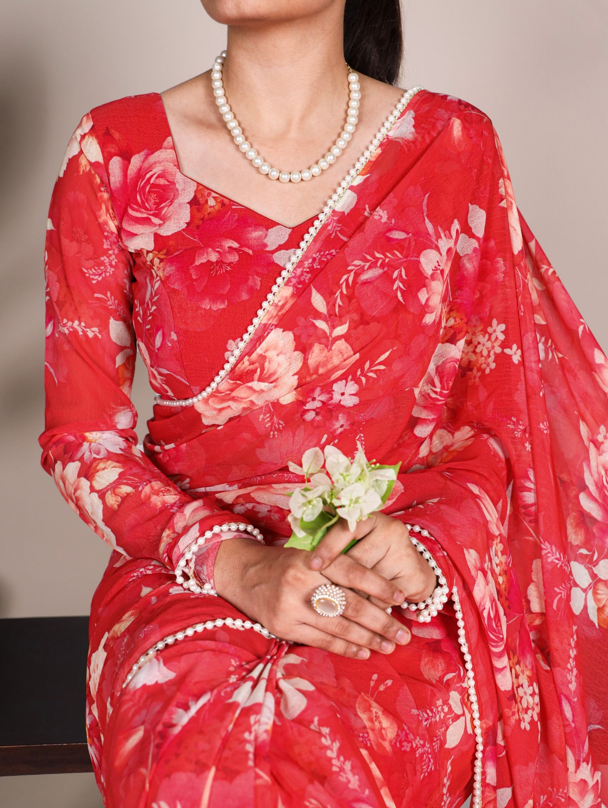 Radiant Georgette Floral Digital Printed Pearl Lace Worked Saree - Ethnicwish