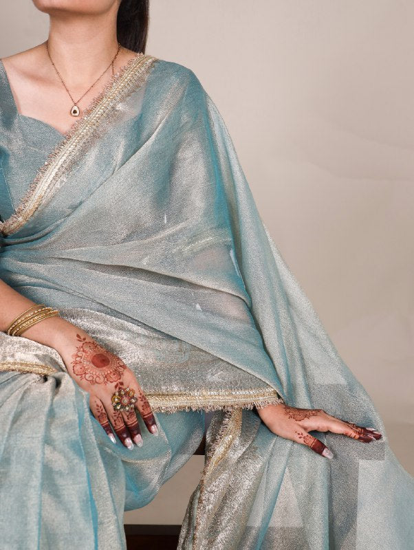 Elegant Tissue Shimmer Saree With Zari Weaving Work - ETHNICDEAL