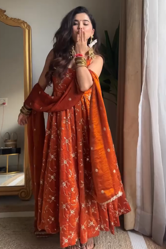 Rust Orange Pure Tissue Silk Anarkali Set with Hand Embroidery