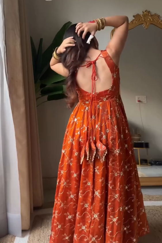 Rust Orange Pure Tissue Silk Anarkali Set with Hand Embroidery