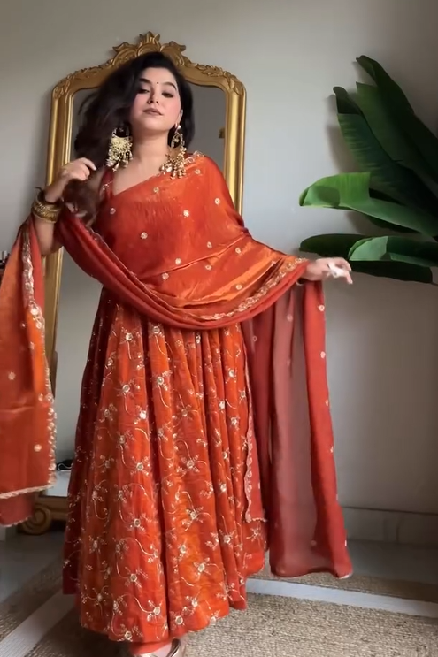 Rust Orange Pure Tissue Silk Anarkali Set with Hand Embroidery