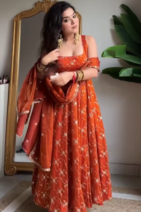Rust Orange Pure Tissue Silk Anarkali Set with Hand Embroidery
