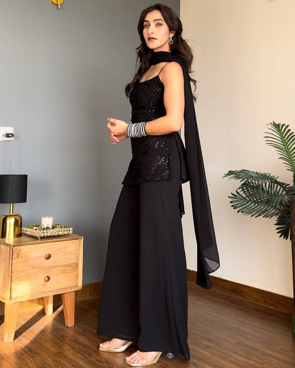 Festive Wear 90’s Inspired Ethnic Black Kurti Palazzo Set with Dupatta | Sharara Set For Women