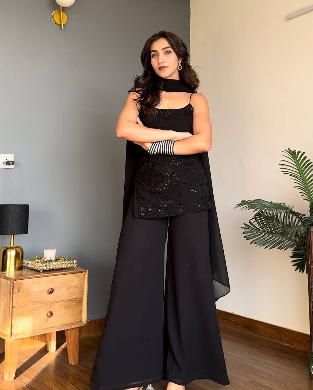 Festive Wear 90’s Inspired Ethnic Black Kurti Palazzo Set with Dupatta | Sharara Set For Women