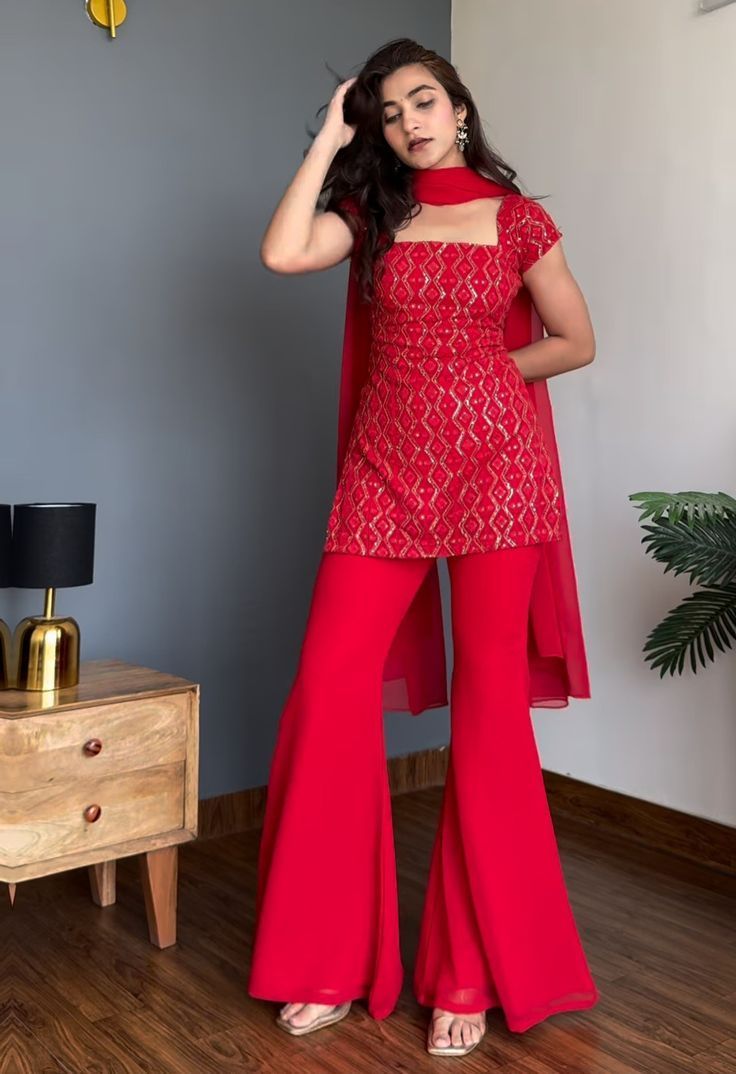 Viral Bollywood Style Red Sharara Set For Women | 90s Kurti Set