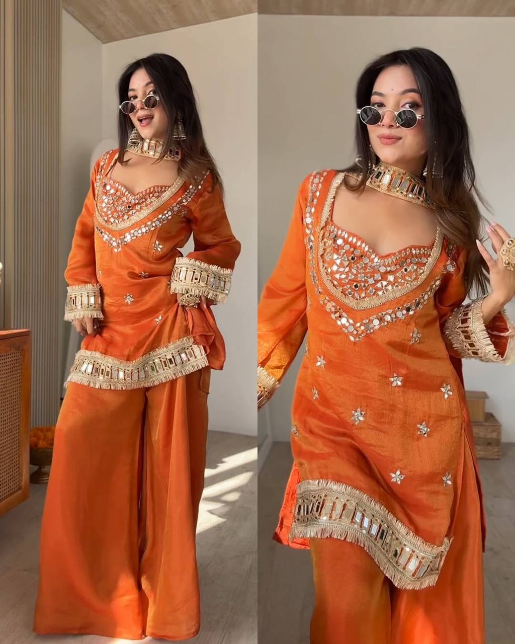 Party Wear Rust Orange Mirror Work Palazzo Suit