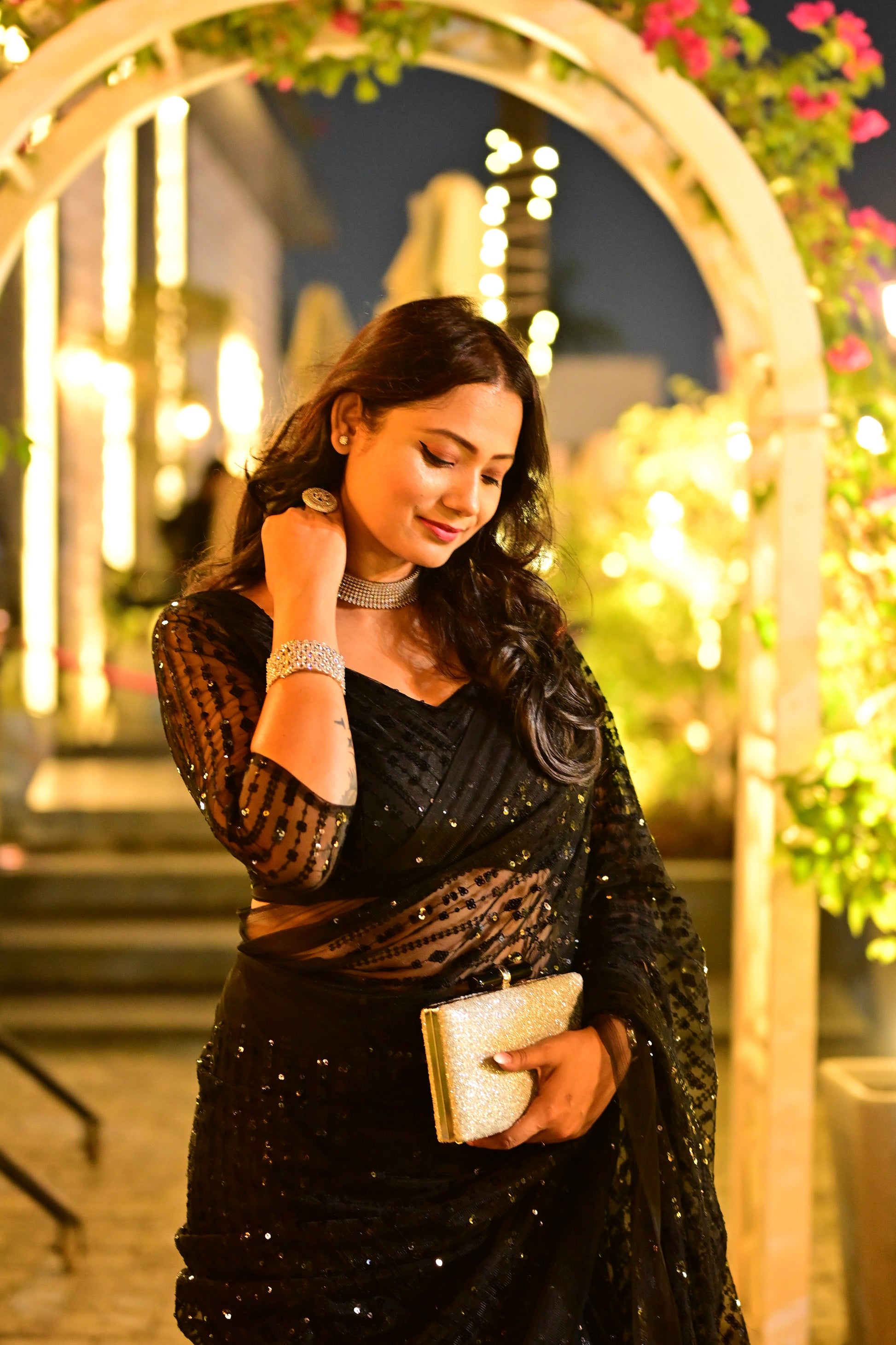 Magnificent Black Net Sequins Worked Designer Saree - Ethnicwish