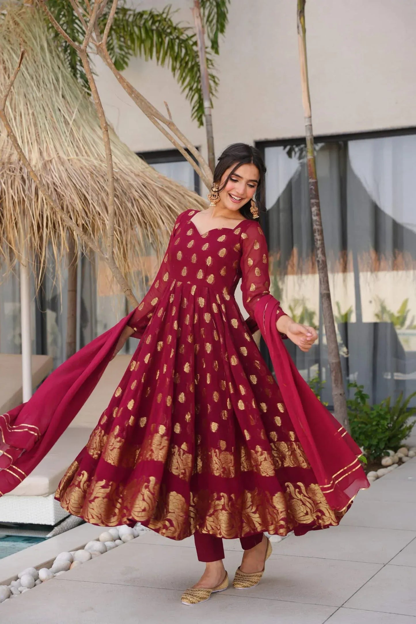 Elegant Maroon Anarkali Suit with Golden Zari Work & Dupatta – Festive Ethnic Wear