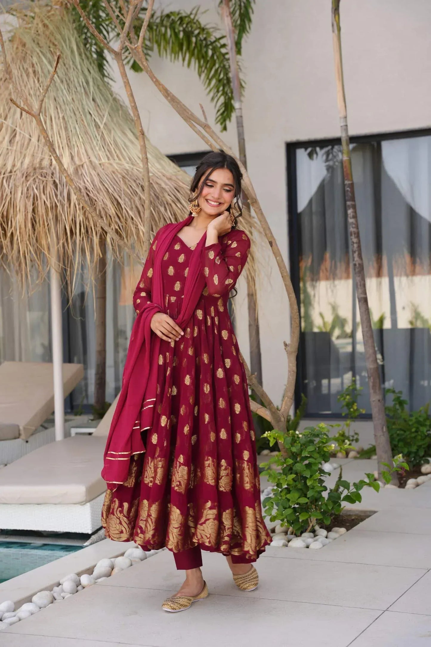 Elegant Maroon Anarkali Suit with Golden Zari Work & Dupatta – Festive Ethnic Wear