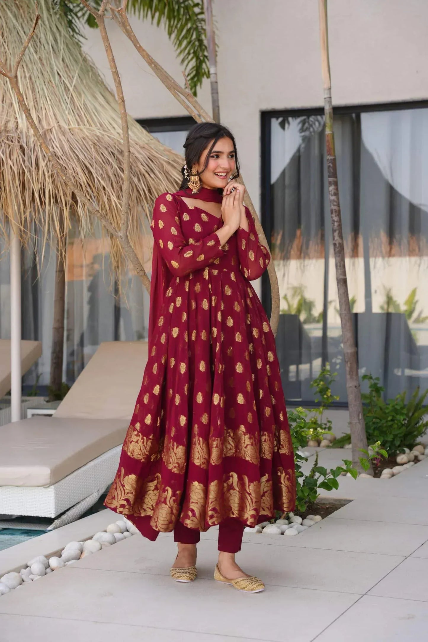 Elegant Maroon Anarkali Suit with Golden Zari Work & Dupatta – Festive Ethnic Wear