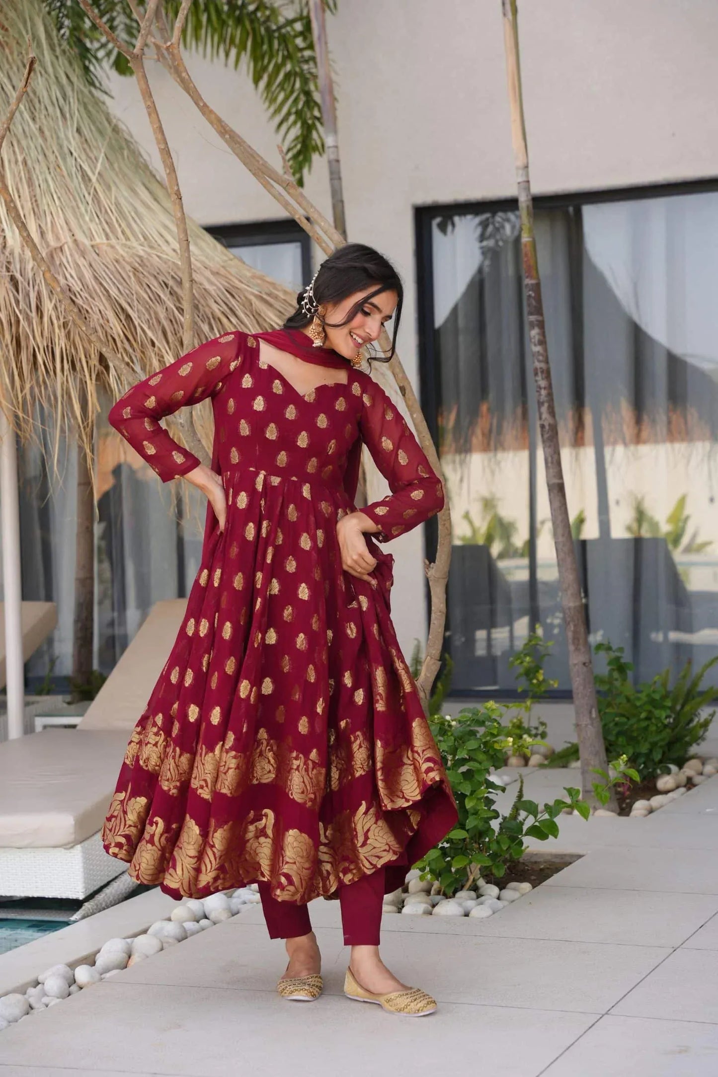 Elegant Maroon Anarkali Suit with Golden Zari Work & Dupatta – Festive Ethnic Wear