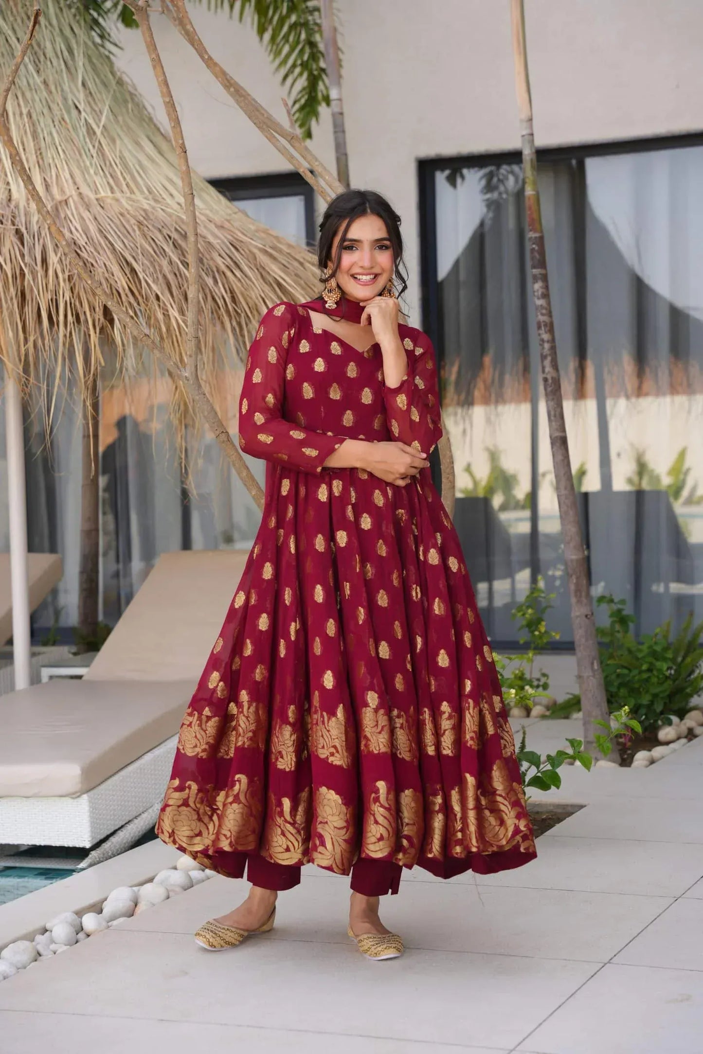 Elegant Maroon Anarkali Suit with Golden Zari Work & Dupatta – Festive Ethnic Wear