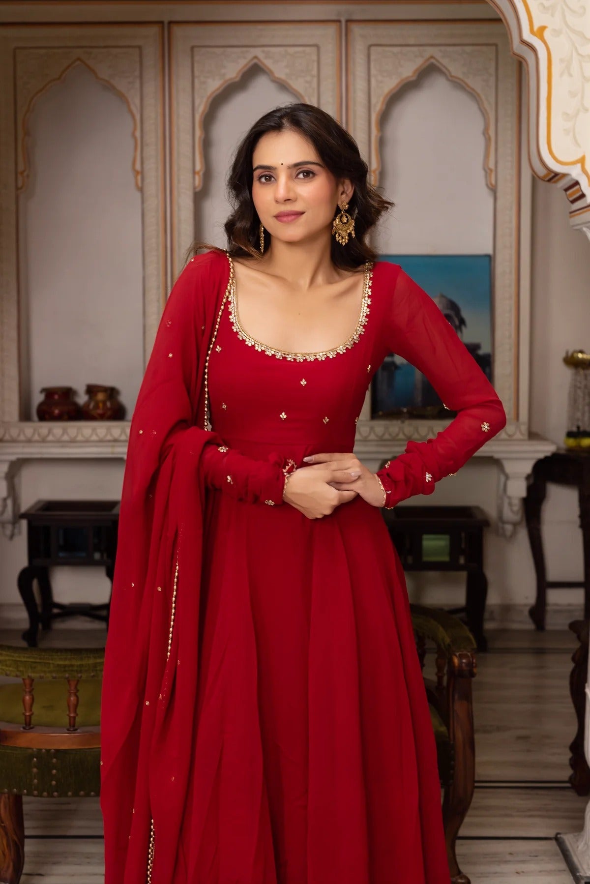 Elegant Red Anarkali Suit with Dupatta – Designer Indian Ethnic Wear for Weddings & Festivals