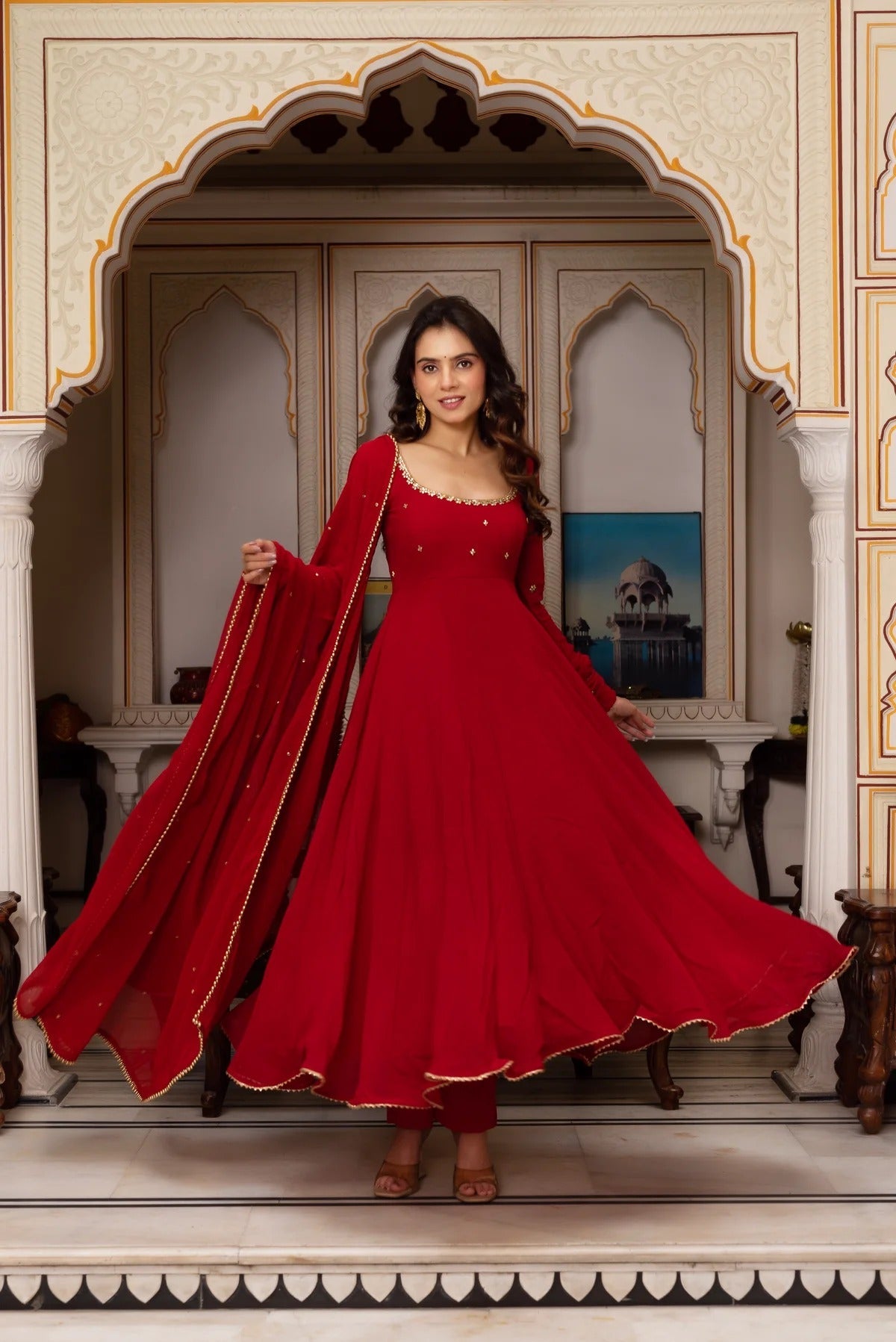 Elegant Red Anarkali Suit with Dupatta – Designer Indian Ethnic Wear for Weddings & Festivals