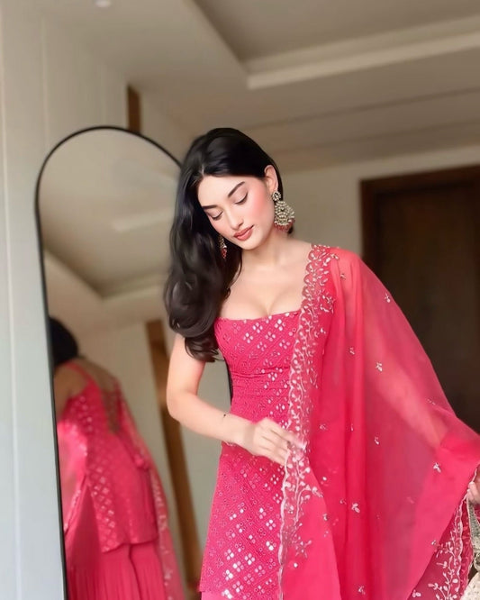 Hot Pink Designer Sharara Suit in Georgette with Sequins Embroidered Kurta & Matching Dupatta