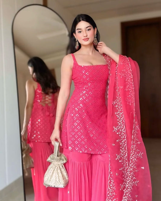 Hot Pink Designer Sharara Suit in Georgette with Sequins Embroidered Kurta & Matching Dupatta