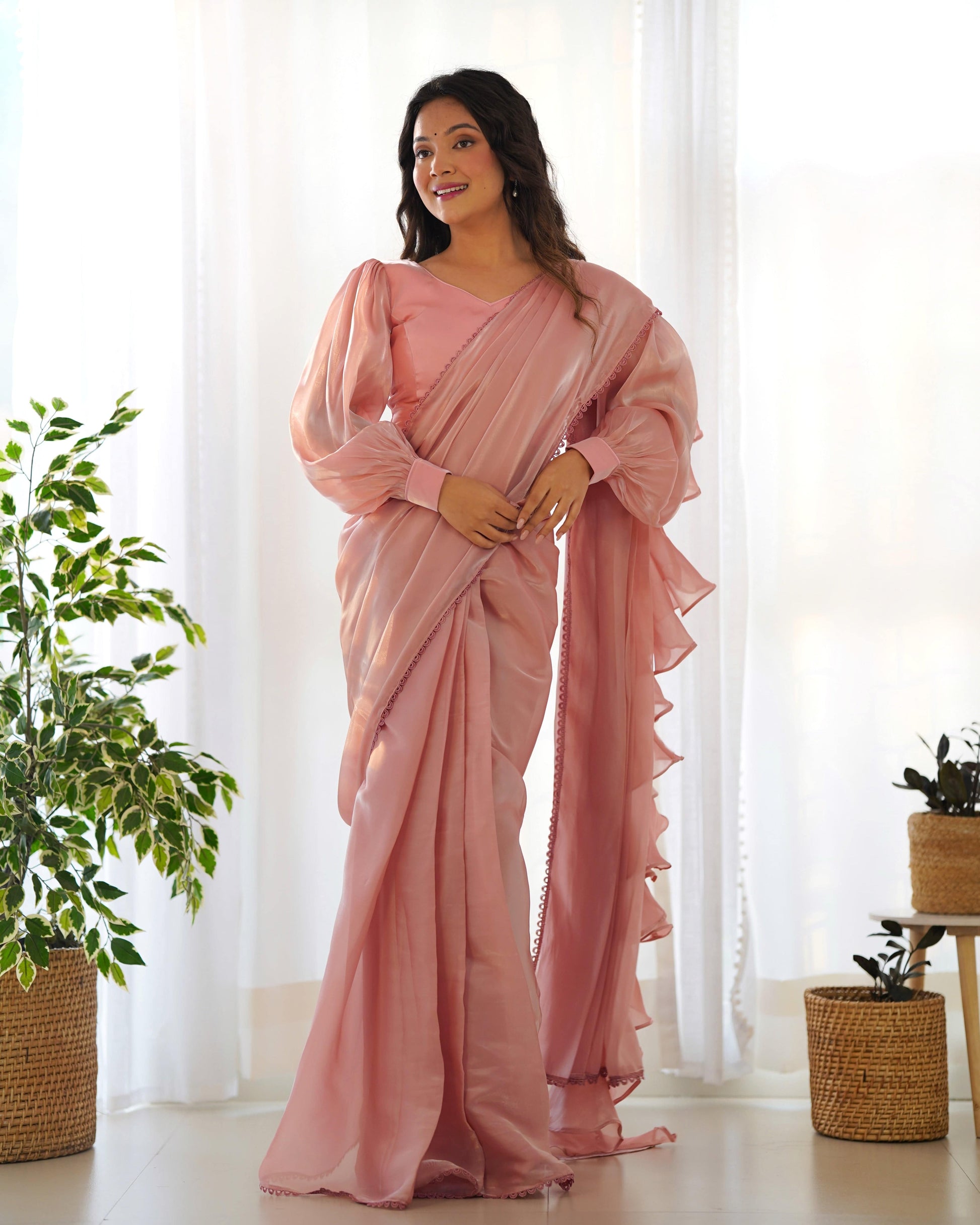 Alluring Jimmi Organza Silk Fully Stitched Ready To Wear Saree - Ethnicwish