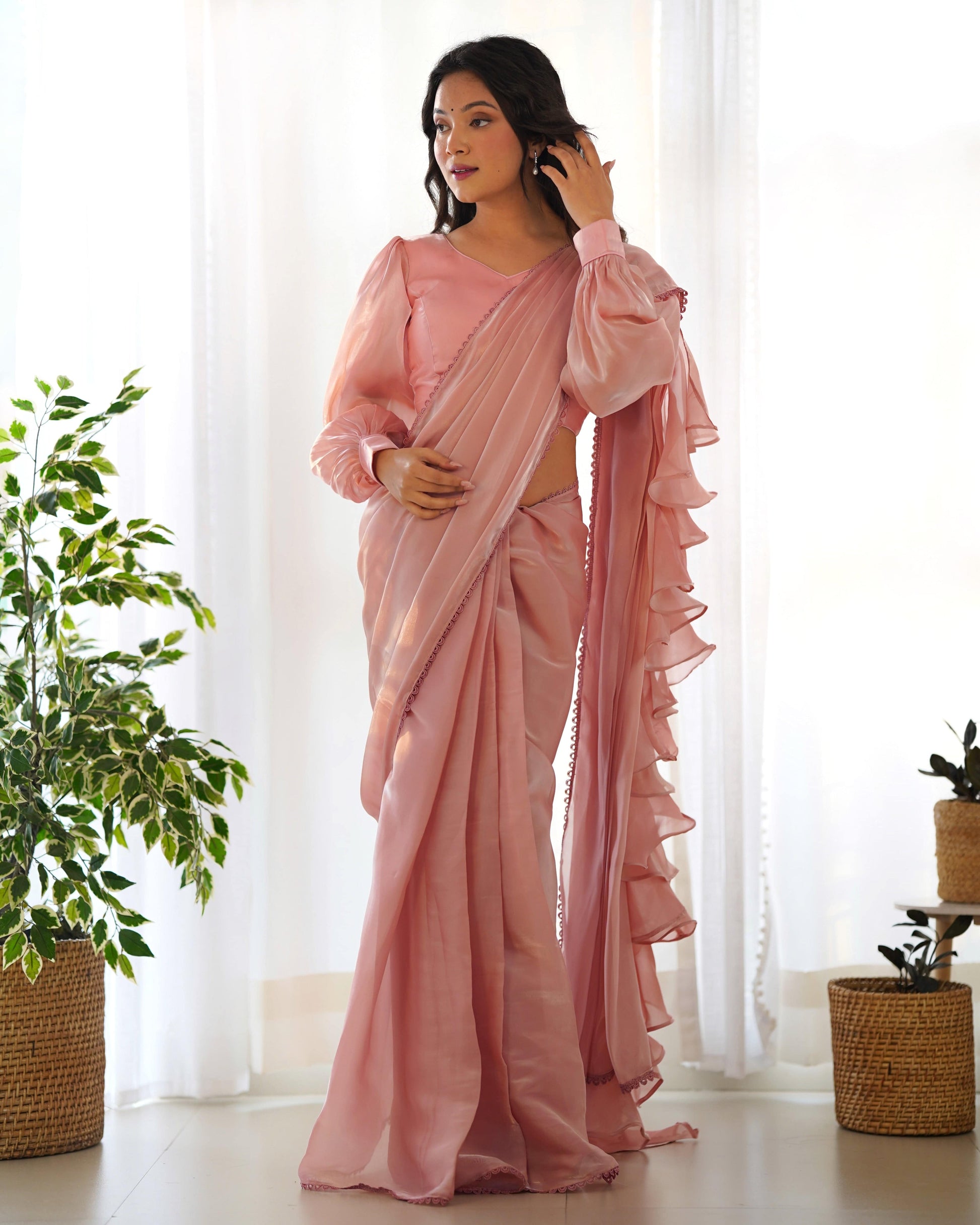 Alluring Jimmi Organza Silk Fully Stitched Ready To Wear Saree - Ethnicwish