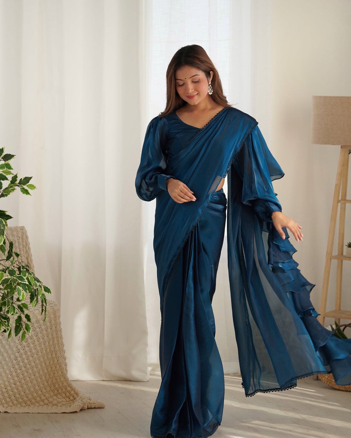 Alluring Jimmi Organza Silk Fully Stitched Ready To Wear Saree - Ethnicwish