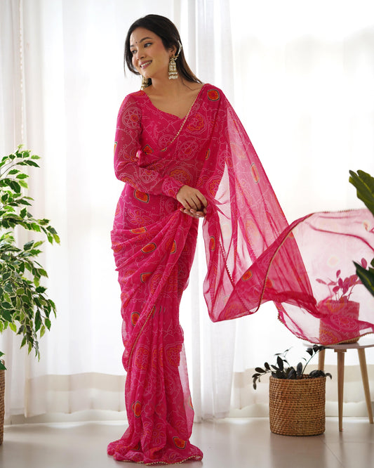 Pink Pure Soft Chiffon Bandhej Printed Ready To Wear Saree - Ethnicwish