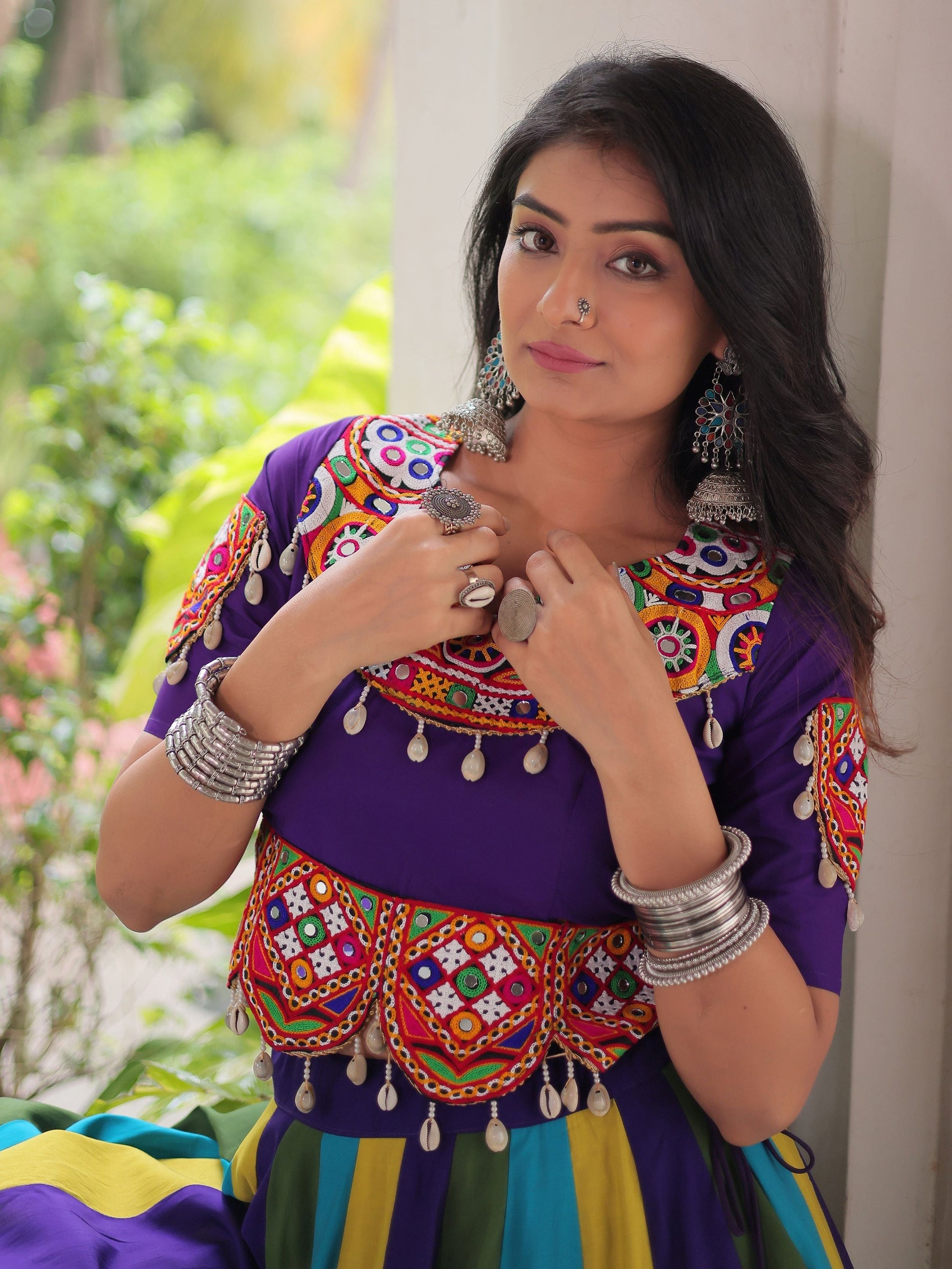 Graceful Multi-Color Silk Gamthi Work Navratri Wear Crop Top Lehenga