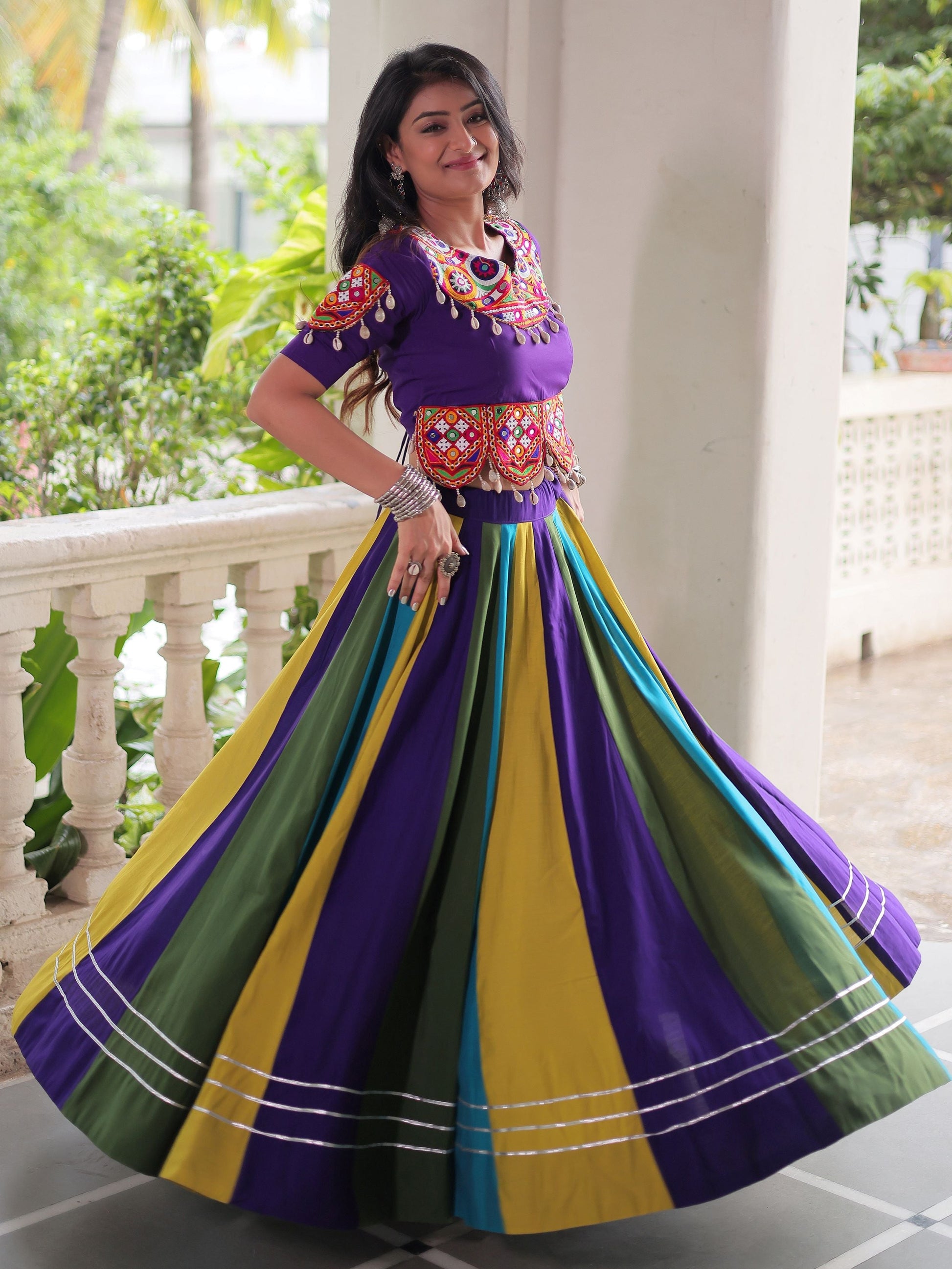 Graceful Multi-Color Silk Gamthi Work Navratri Wear Crop Top Lehenga