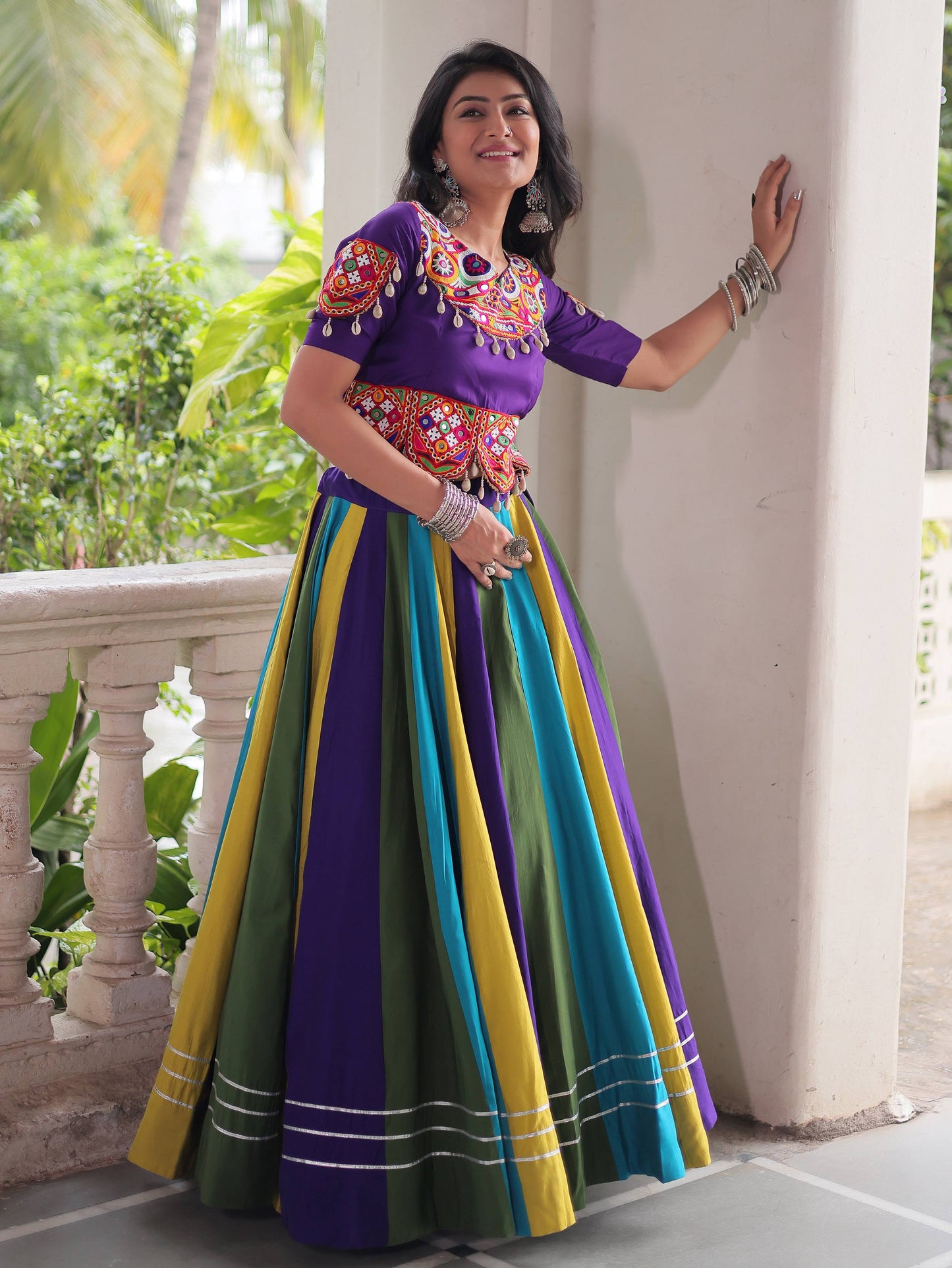 Graceful Multi-Color Silk Gamthi Work Navratri Wear Crop Top Lehenga