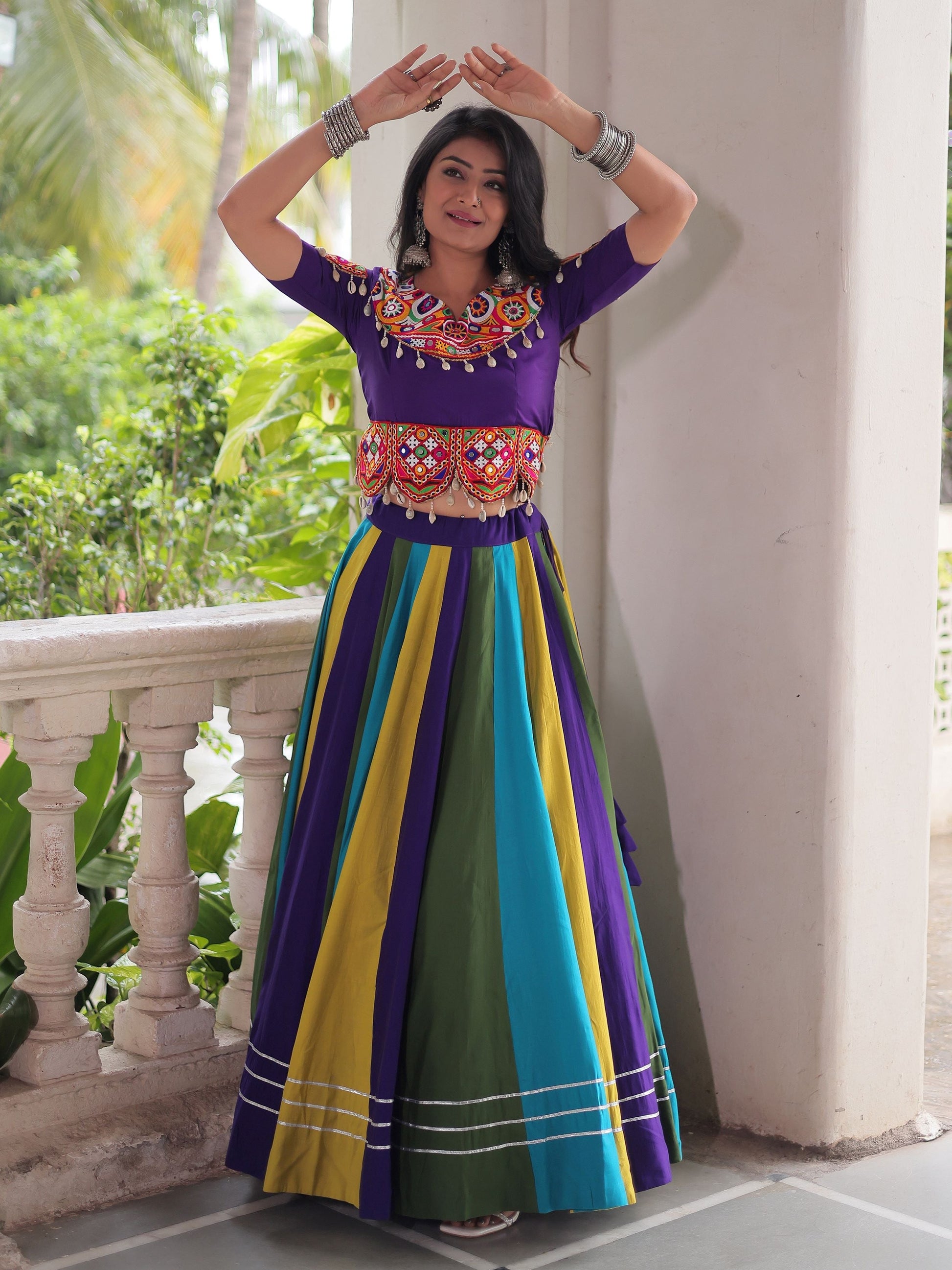 Graceful Multi-Color Silk Gamthi Work Navratri Wear Crop Top Lehenga