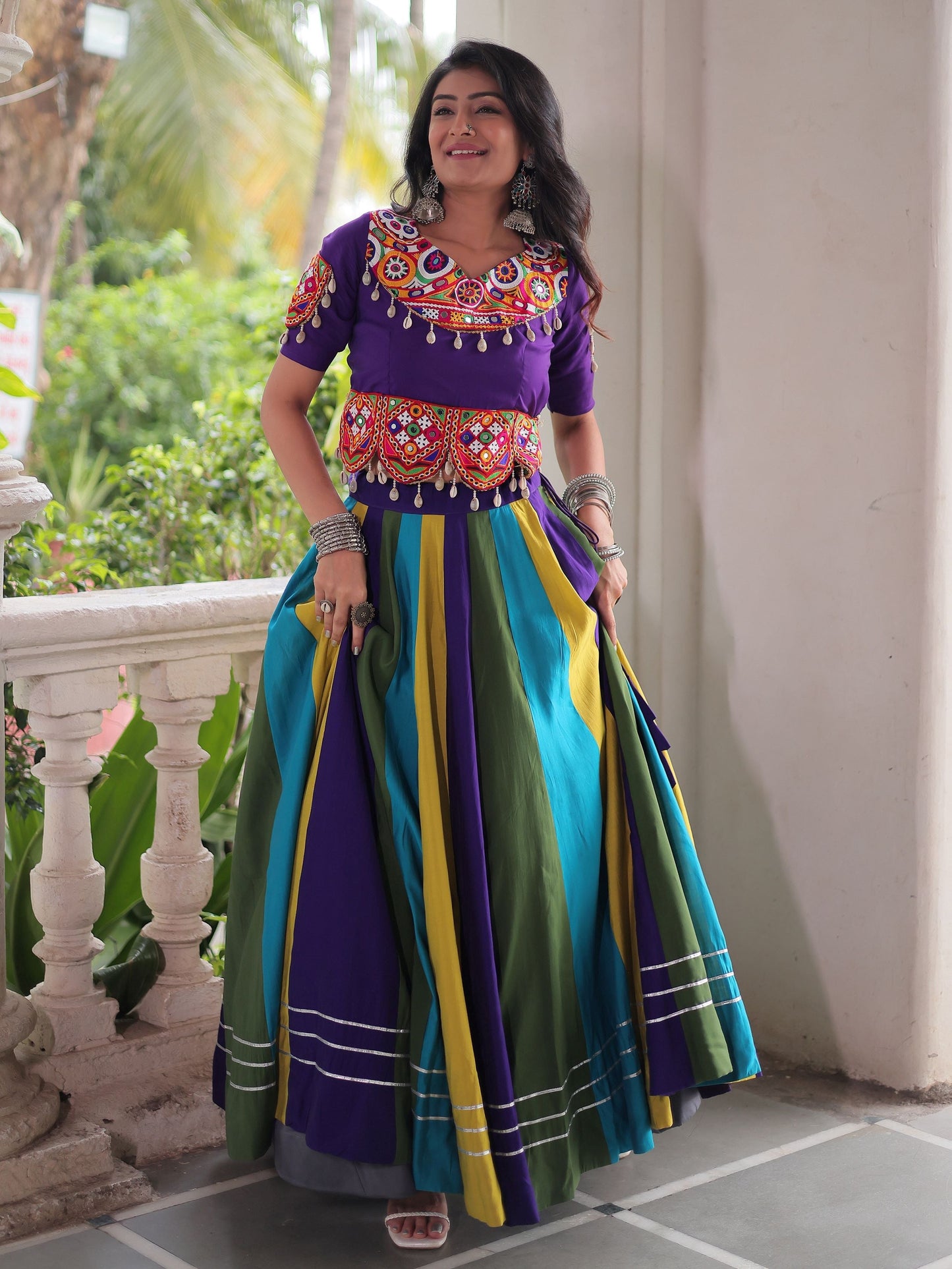 Graceful Multi-Color Silk Gamthi Work Navratri Wear Crop Top Lehenga