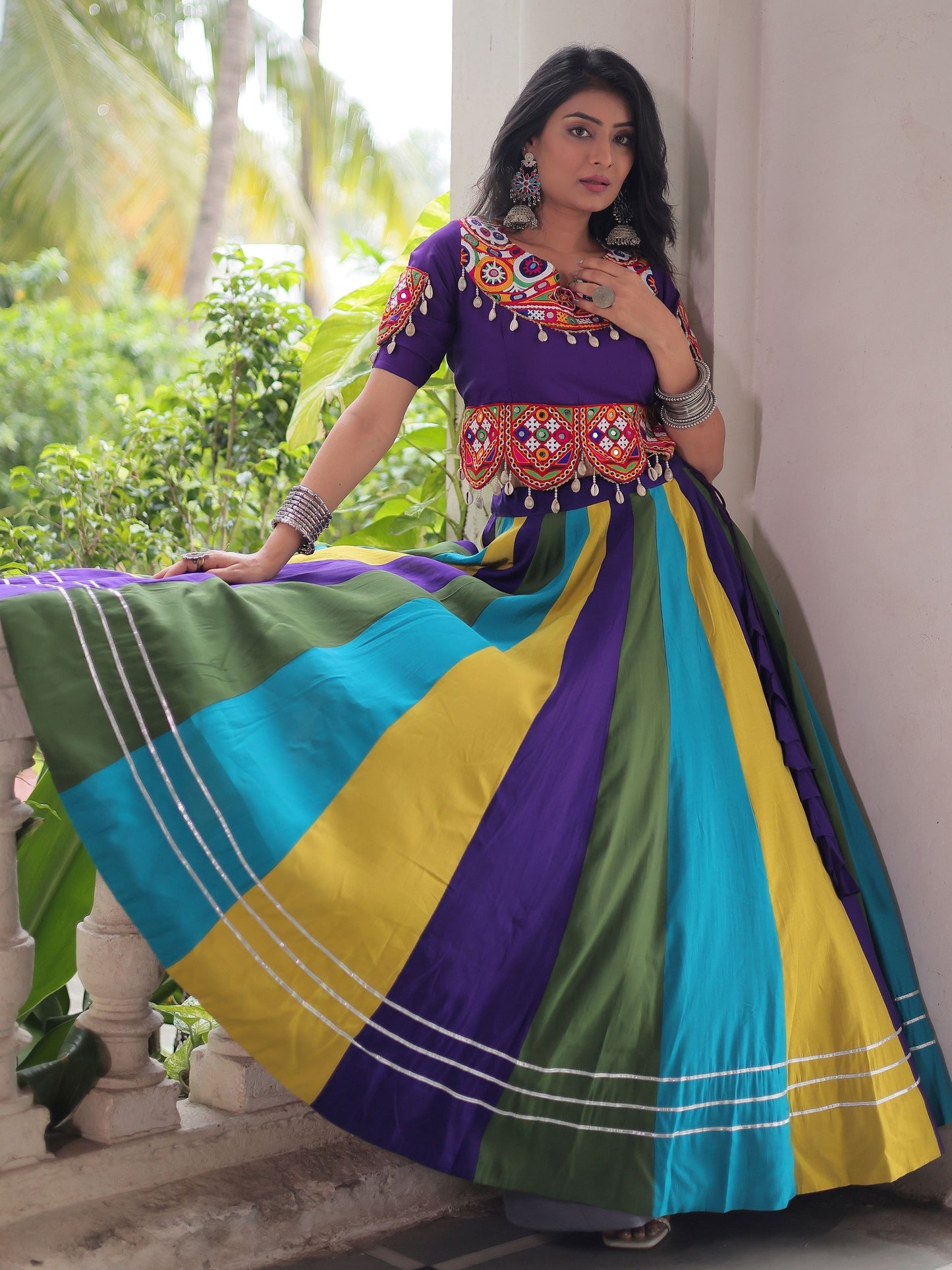 Graceful Multi-Color Silk Gamthi Work Navratri Wear Crop Top Lehenga