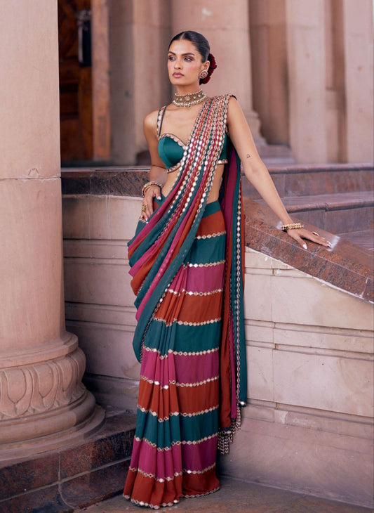 Designer Multicolor Mirror Work Faux Georgette Saree with Banglori Silk Blouse
