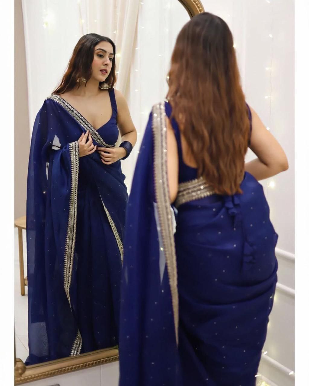 Party Wear Navy Blue Organza Silk Saree with Embroidery, Sequins & Diamond Work