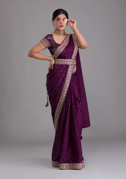 Luxurious Wine Kasturi Silk Saree With Intricate Embroidery - ETHNICDEAL