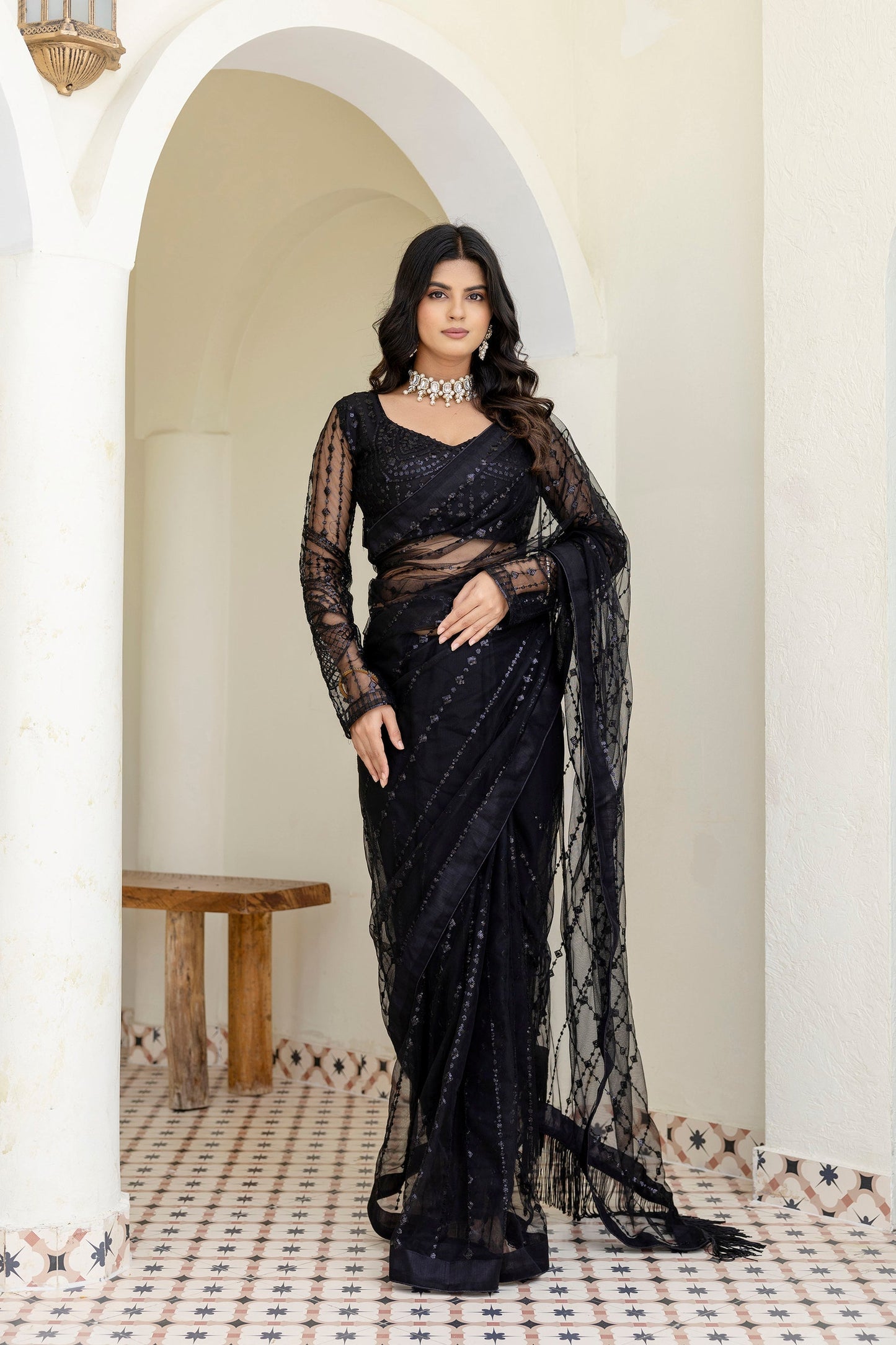 Black Soft Net Sequin Work Party Wear Saree with Full Sleeve Blouse - ETHNICDEAL