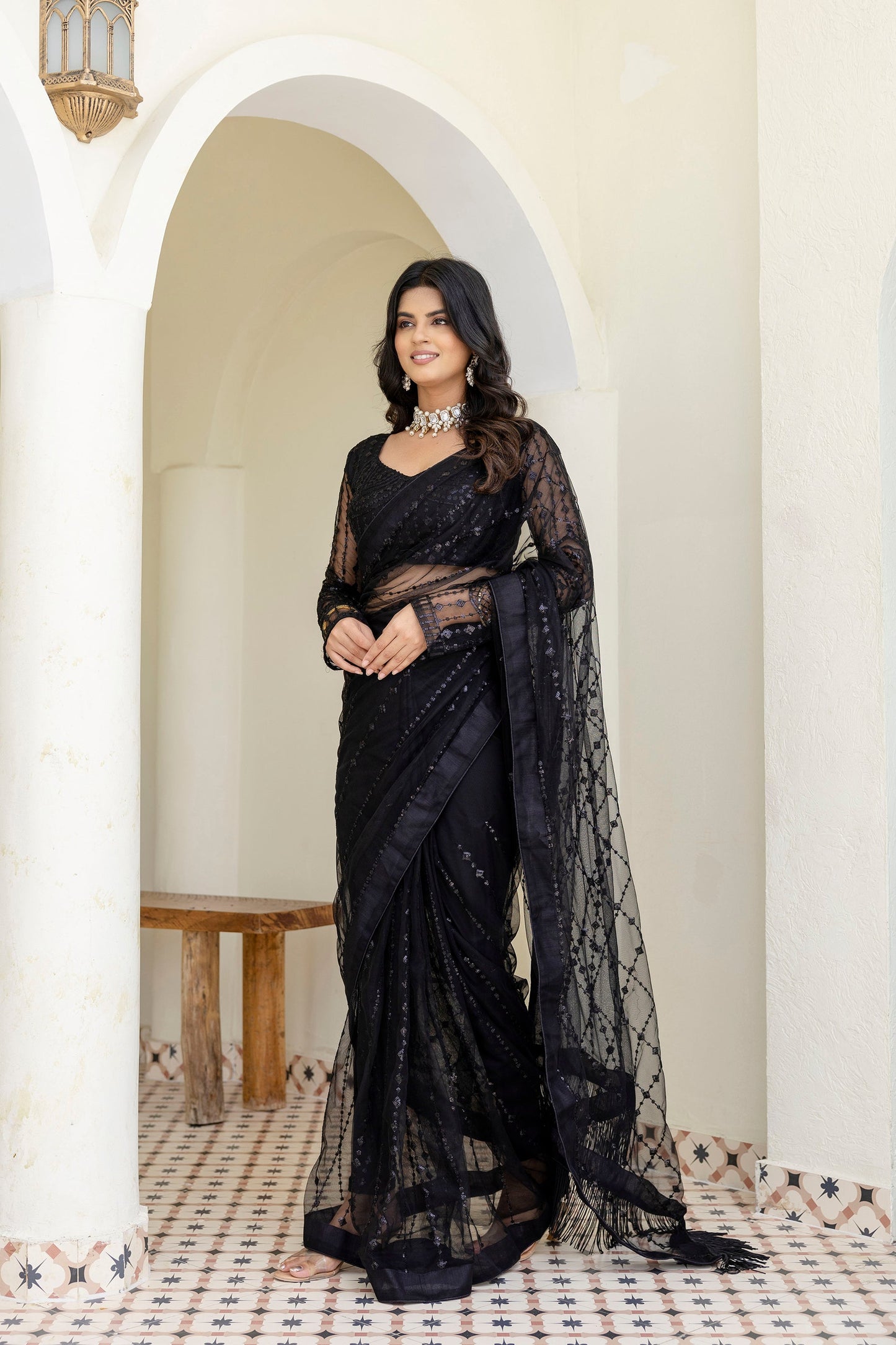 Black Soft Net Sequin Work Party Wear Saree with Full Sleeve Blouse - ETHNICDEAL