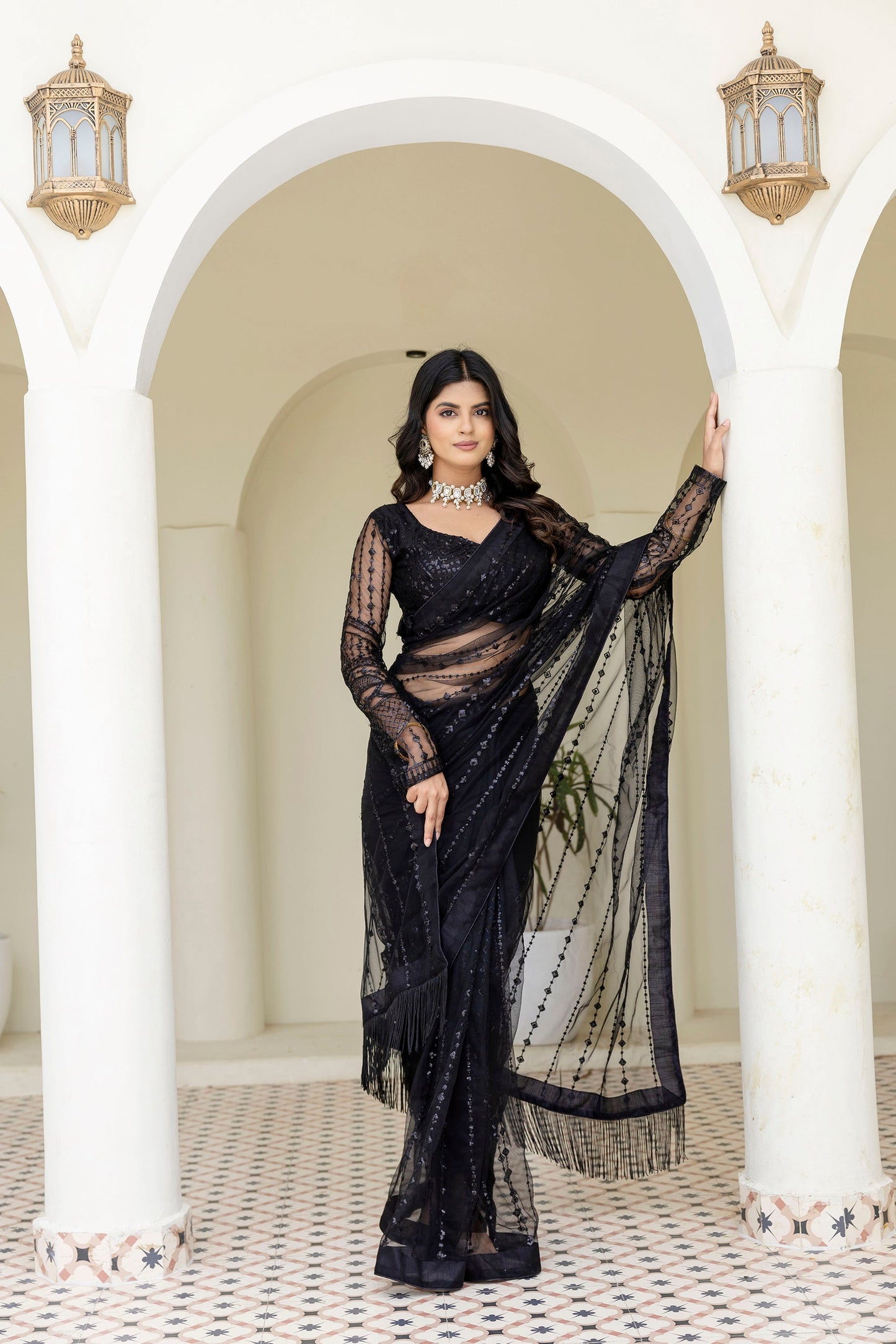 Black Soft Net Sequin Work Party Wear Saree with Full Sleeve Blouse - ETHNICDEAL