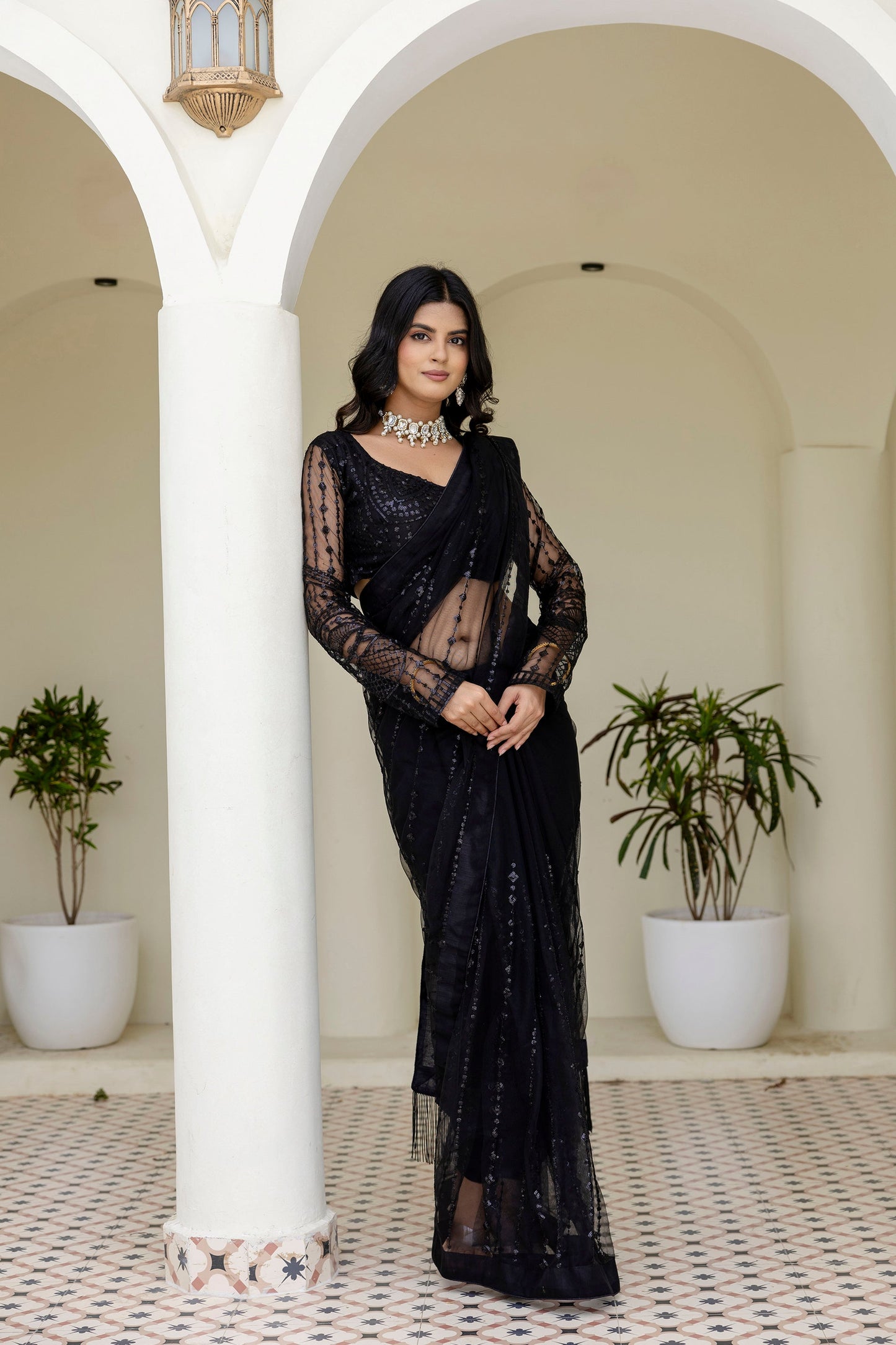 Black Soft Net Sequin Work Party Wear Saree with Full Sleeve Blouse - ETHNICDEAL