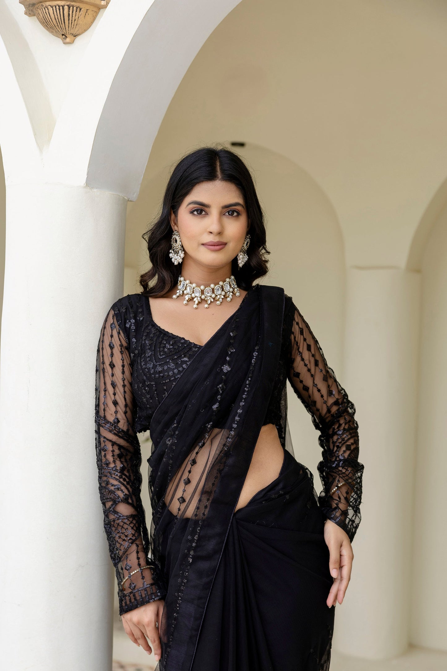 Black Soft Net Sequin Work Party Wear Saree with Full Sleeve Blouse - ETHNICDEAL