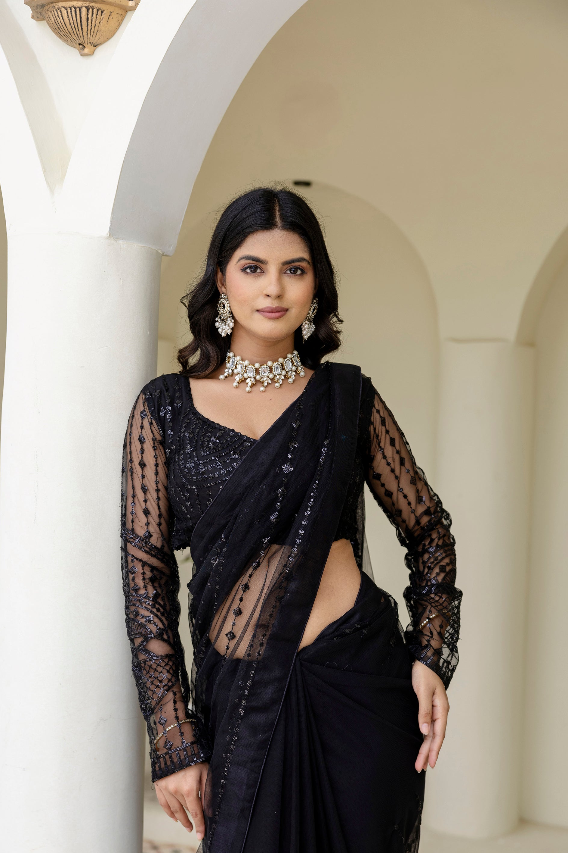 Black Soft Net Sequin Work Party Wear Saree with Full Sleeve Blouse - ETHNICDEAL