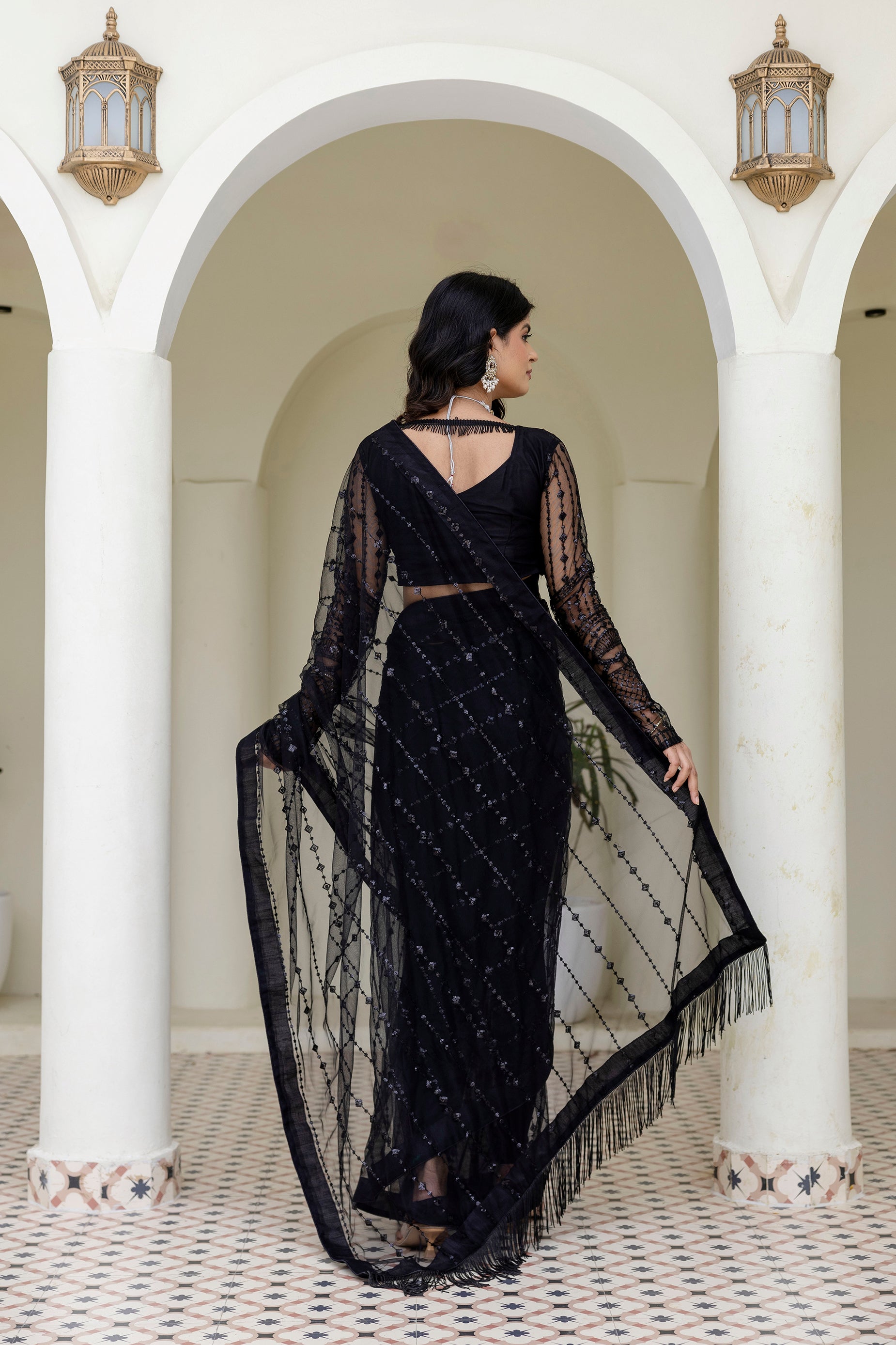 Black Soft Net Sequin Work Party Wear Saree with Full Sleeve Blouse - ETHNICDEAL