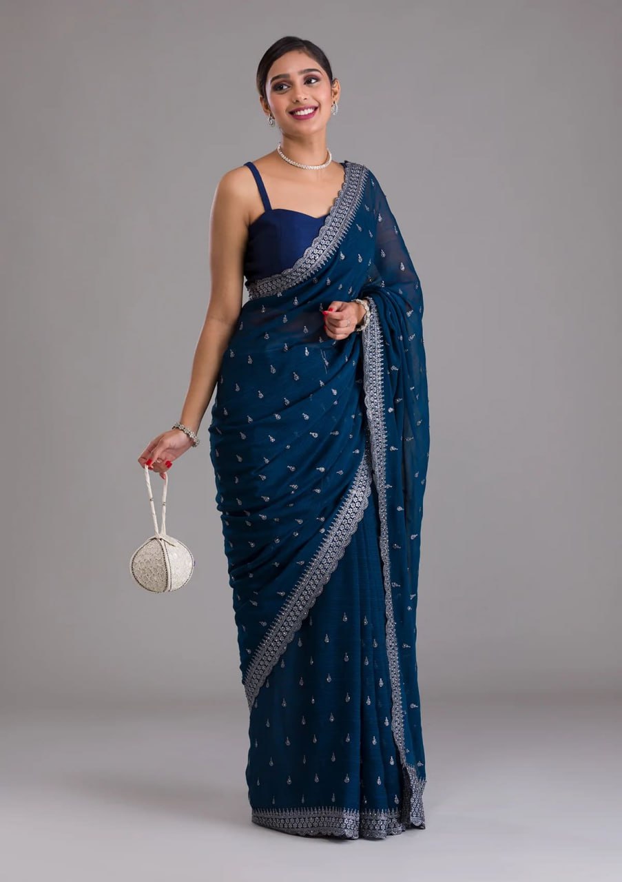 Elegant Blue Chinon Chiffon Saree With Intricate Embroidery - ETHNICDEAL